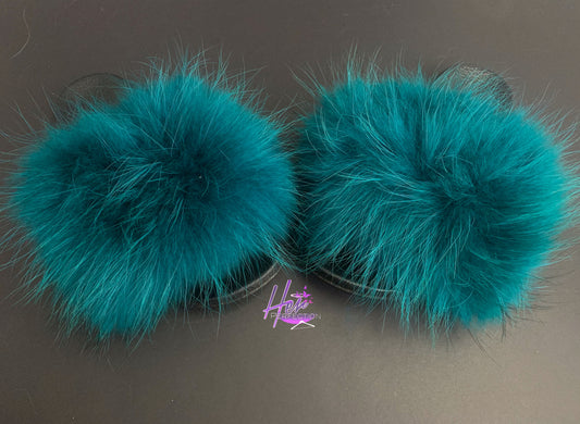 Real Teal fur slides